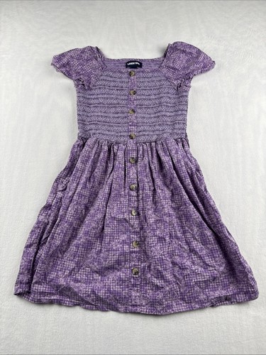 Girls Lands End Dress Purple Gingham Floral Button Smocked Size 10 Sundress