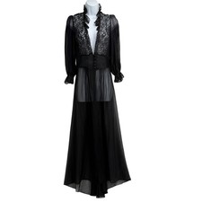 Vintage Sheer Black Lace Maxi Robe Gown Gothic Size S Lingerie Nightgown Vamp