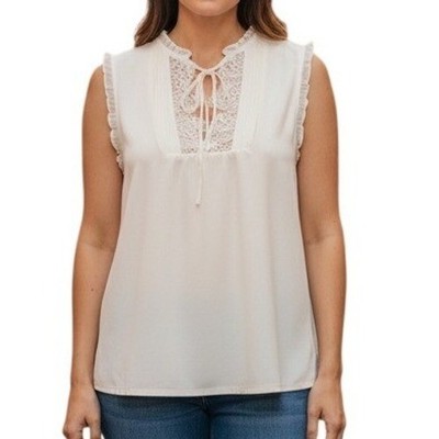 EXPRESS Bright White Lace Inset Sleeveless Blouse Tie Neck Ruffle Top EUC SP