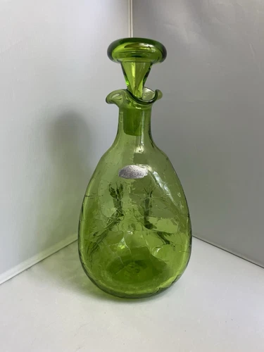 Vintage BLENKO Art Glass #49 Pinched Decanter & Stopper Green Crackle
