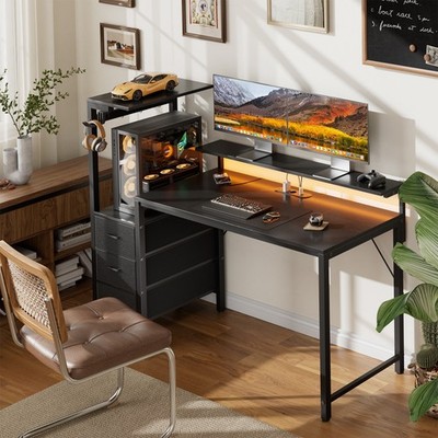 Gaming Tisch mit LED & Monitorständer, Schreibtisch mit 3 Schubladen & Steckdose