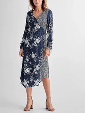 ELLOS LADIES NAVY MIX PRINT ASSYMETRICAL WRAP DRESS SIZE 14 (REF 277)