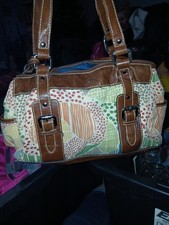 Fossil Brown Multicolor Abstract Satchel Top Handle Bag Buckle Accent Zip