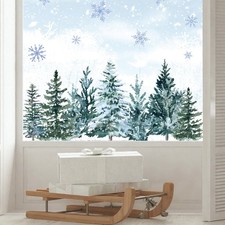 Whaline 9 Sheet Christmas Window Clings Watercolor Snowy Pine Trees Snowflake