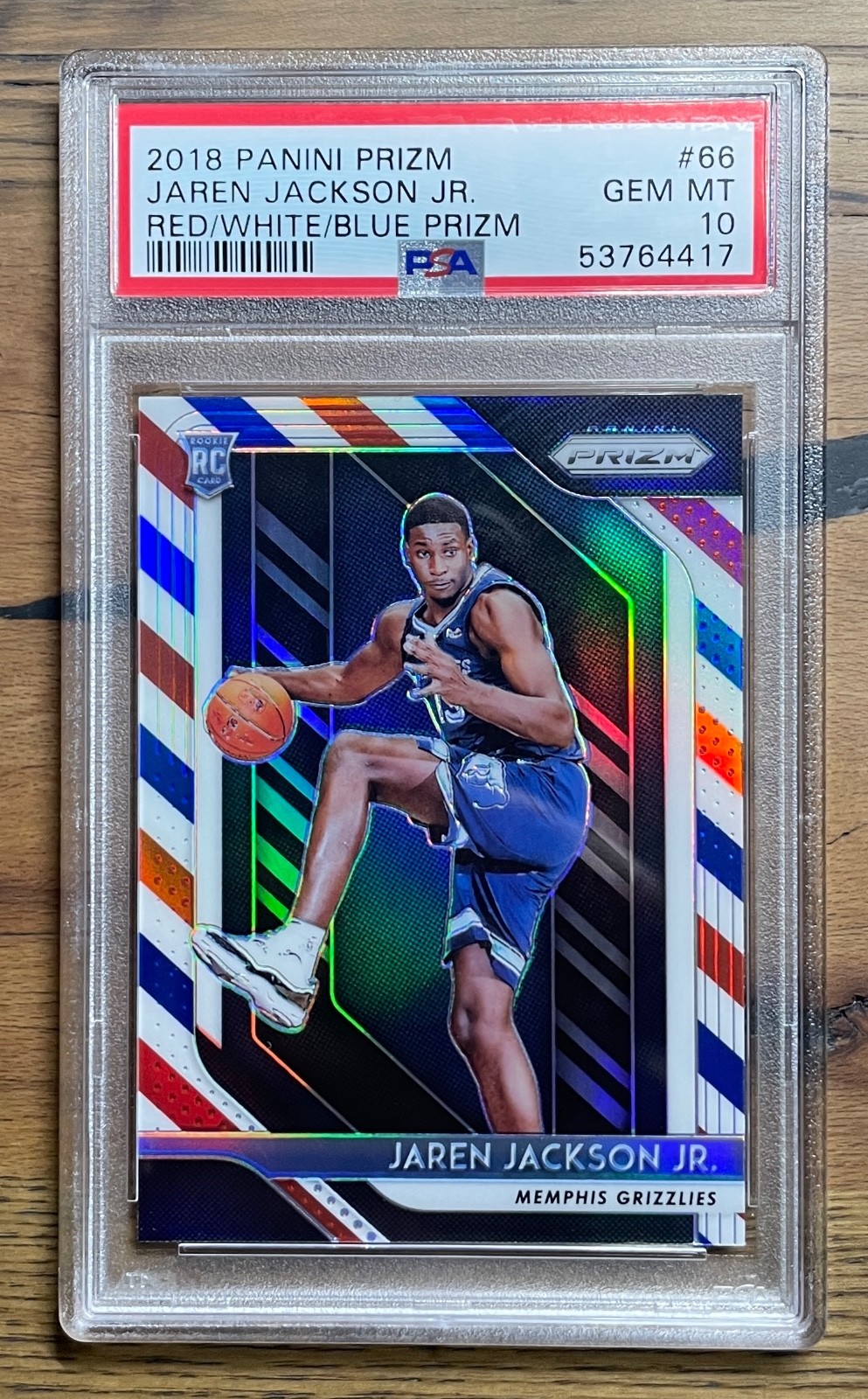 2018-19 PANINI ~ PRIZM RC #66 JAREN JACKSON JR. RED/WHITE/BLUE PRIZM PSA 10