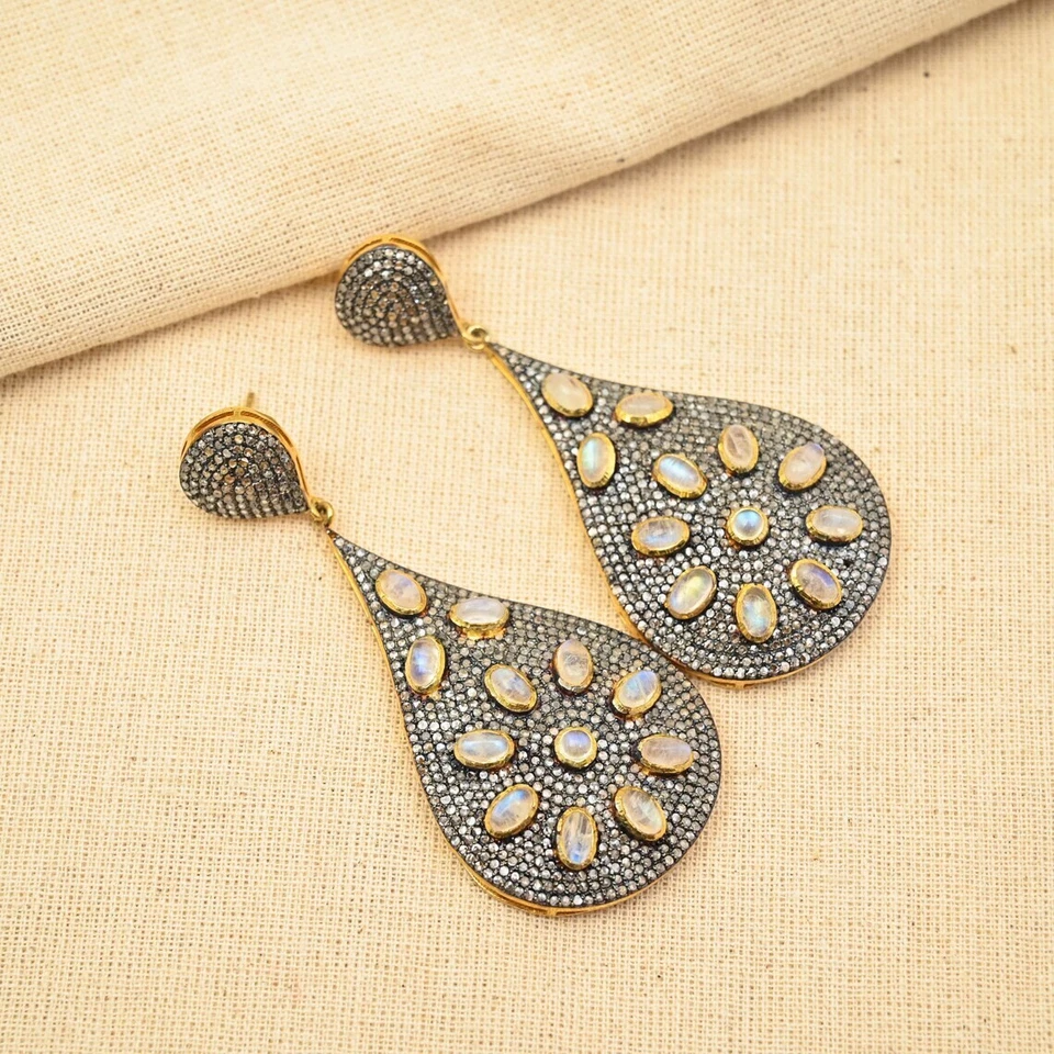 Pendientes de piedra lunar arco iris con diamantes pavé en plata 925, pendiente único, regalo Foto 2 de 4