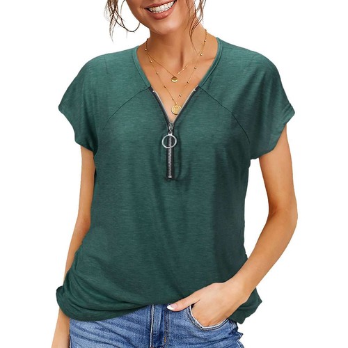 Womens T Shirt Casual Work Tee Chiffon Pullover Blouse Ladies Loose Zipper Tops - Picture 14 of 21