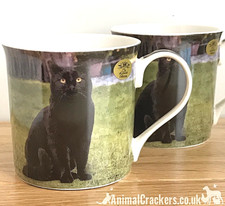 SET OF 2 Black Cat china Mugs by Leonardo cat lover stocking filler, gift boxed 