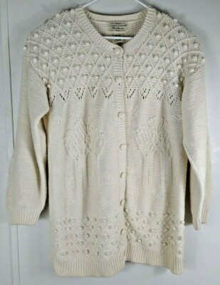 Womens Vintage Yarnworks Cardigan Sweater Handknit Ivory