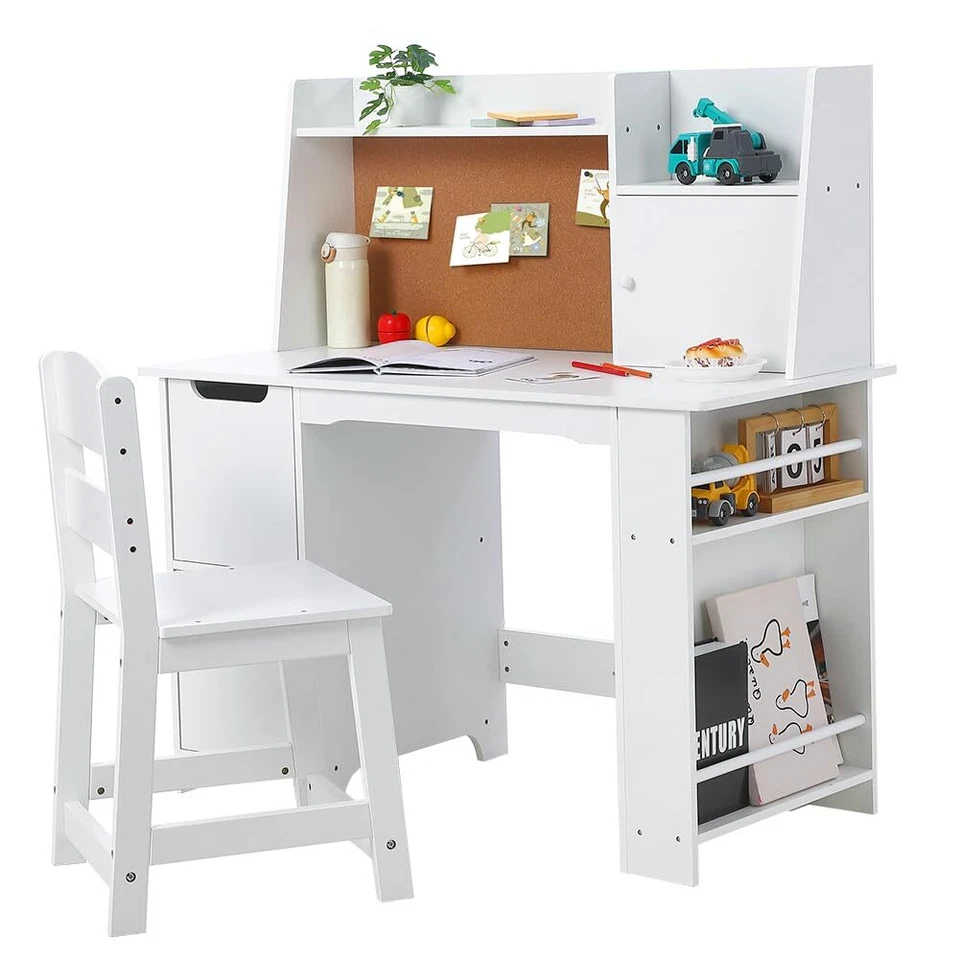 Juego de Escritorio y Silla de Estudio Blanco con Almacenamiento, Mesa de Aprendizaje Infantil para Niños Niñas Foto 2 de 4