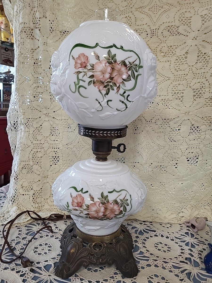 Antique Milk Glass Hurricane Style GwTW Wild Rose Motif Parlor