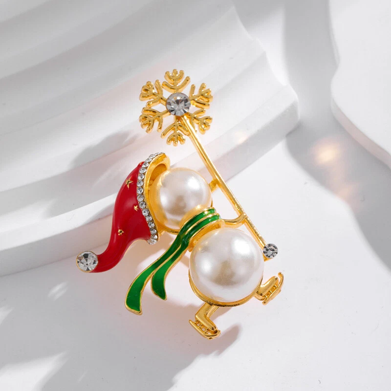 Women Christmas Ice Skating Snowman Brooch Imitation Pearl Crystal Rhinestone - Image 3 of 4