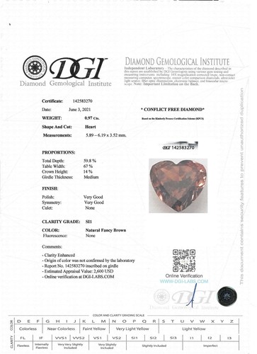 Heart Shape Diamond Natural Fancy Brown Loose SI1 Certified Enhanced 0.97 Carat - Picture 3 of 8