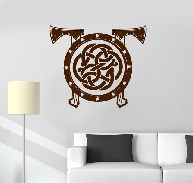Vinyl Wall Decal Viking Shield Axes Celtic Pattern Warrior Decor