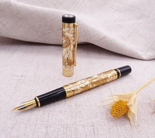 Jinhao 5000 Fountain Pen Dragon Texture Carving F Nib Writing Pen Yellow-Golden