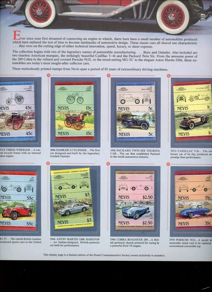 Sociedad Comercial Postal Mundo de Estampillas Sellos Legendarios Auto de Nevis Foto 3 de 3