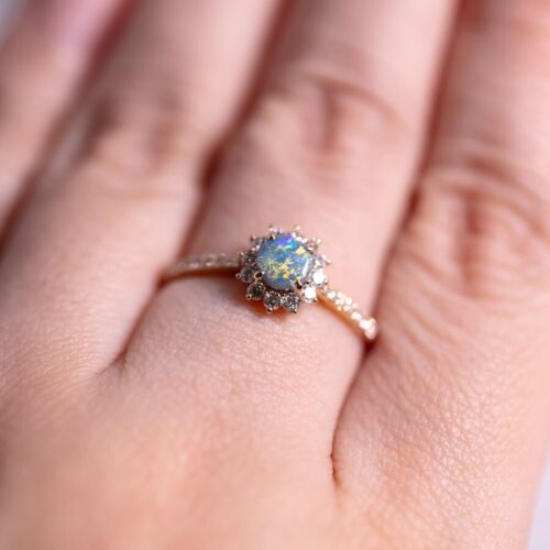Adorable Australian Black Opal Halo Diamond Engagement Ring 18K Yellow Gold - Picture 5 of 12