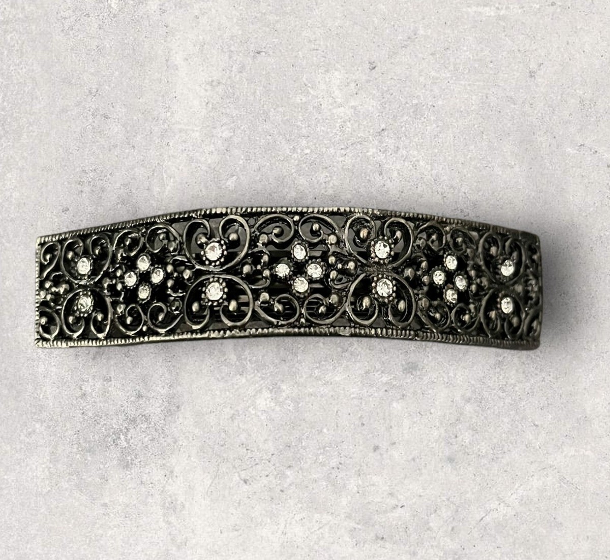 Vintage Ornate Silver Metal Rhinestones Large Hair Barrette 