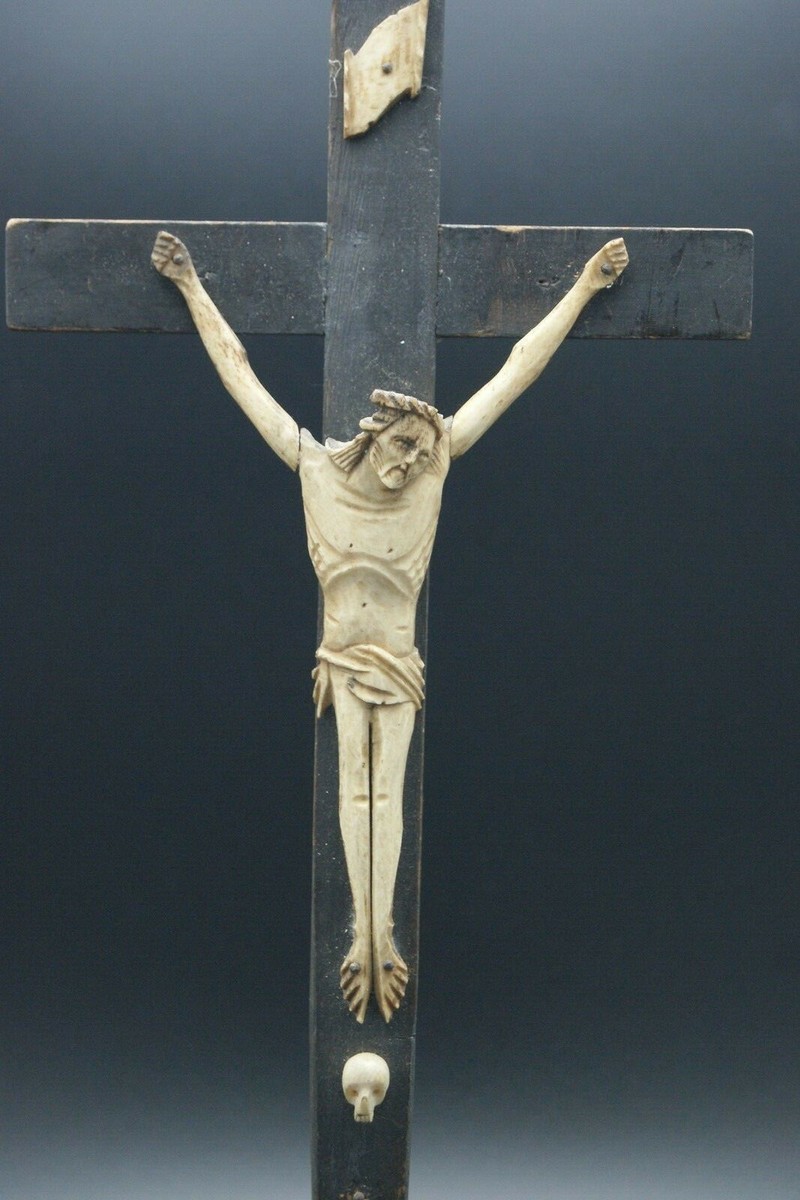 FOLK ART JANSENIST MEMENTO MORI CRUCIFIX WOOD CROSS CORPUS HEAD