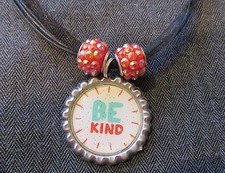 BE KIND Black Ribbon Bottle Cap Bling Charm Necklace Sparkle Red Beads Respect