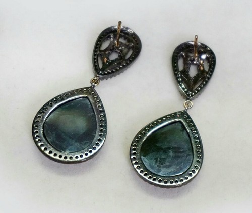 14k Gold Pave Diamond Black Spinel Dangle Earring 925 Silver Handmade Earring. - Picture 10 of 12