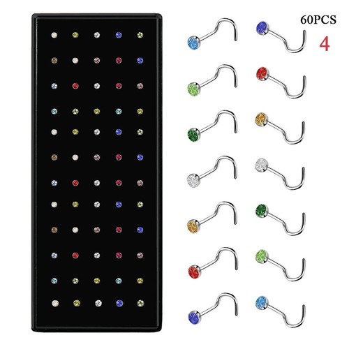 60PCS/Set Crystal Nose Stud Bend Straight L Shape Nose Ring Piercing Jewelry - Picture 10 of 17