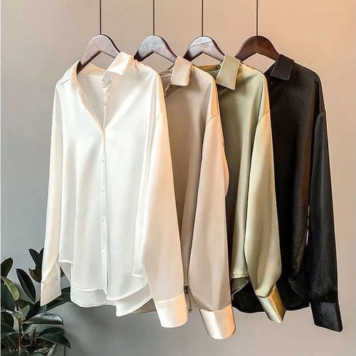 Damen lässig Satin Seide solide Hemd Baggy Knopfleiste OL Arbeit Bluse Damen Tops! - Bild 1 von 17