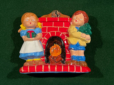 Vintage 1970s Plaster of Paris Christmas Table Top Hand Painted Fireplace with C