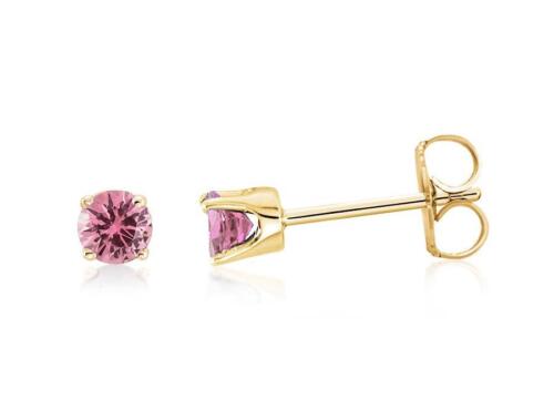 Pink Sapphire Stud Earrings 14K Yellow Gold Genuine Diamond Cut Studs 3mm - Picture 1 of 3