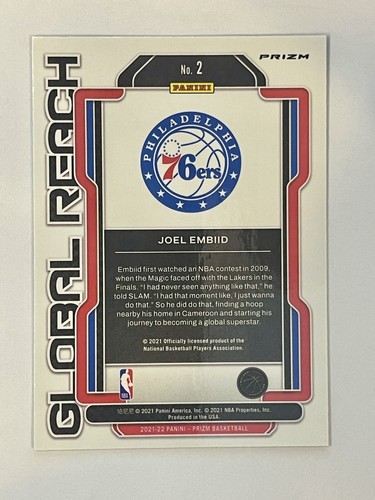 Joel Embiid 2021-22 Panini Prizm Global Reach Green Prizm #2 Sixers - Picture 2 of 2