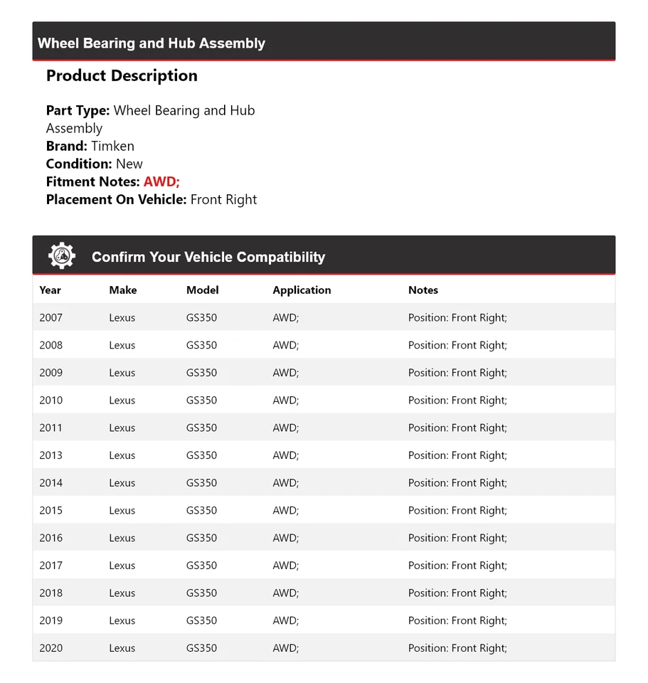 Conjunto de buje de cojinete de rueda delantero derecho Ti para Lexus GS350 2007-11, 2013-20 Foto 2 de 4