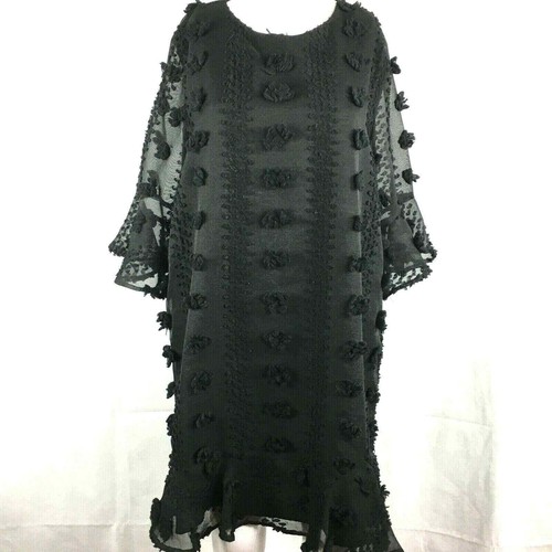 MIttoshop Dress Womens Sz L Black Chiffon 3/4 Sleeve Pom-Pom Midi Shift