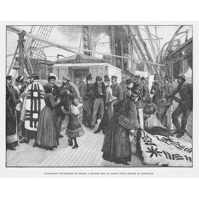 CHILE Patagonischer Pelzhändler auf Schiff in der Magellanstraße Antikdruck 1889