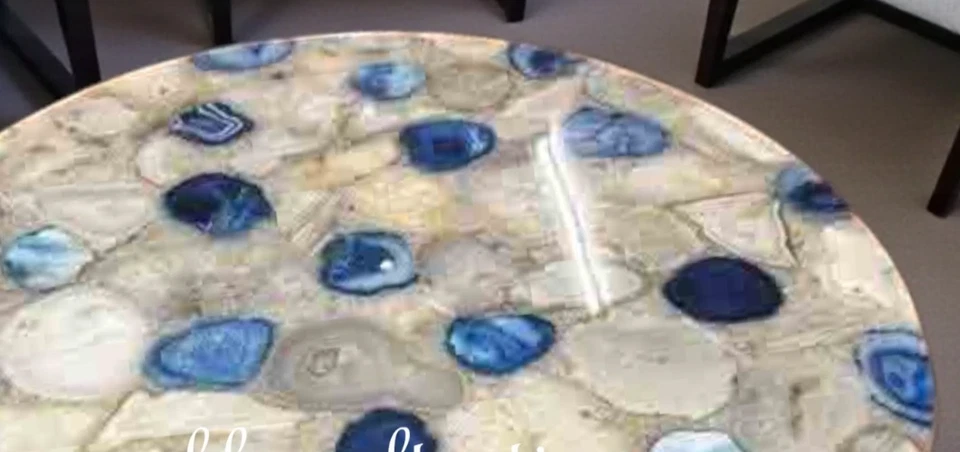 Mix Agate Round Table Top Handmade Art Crystal Blue Stone Luxury Patio Furniture - Image 3 of 4