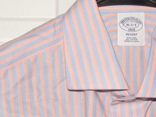 BROOKS BROTHERS Men's 16 32/33 REGENT Dress Shirt Blue Peach Stripe Non Iron