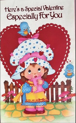 Vintage Valentinskarte Strawberry Shortcake Style Mädchen große Augen Bluebirds selten
