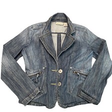 DKNY Jeans Womens Blue Denim Blazer Jacket Size L Button Front Zip Pockets