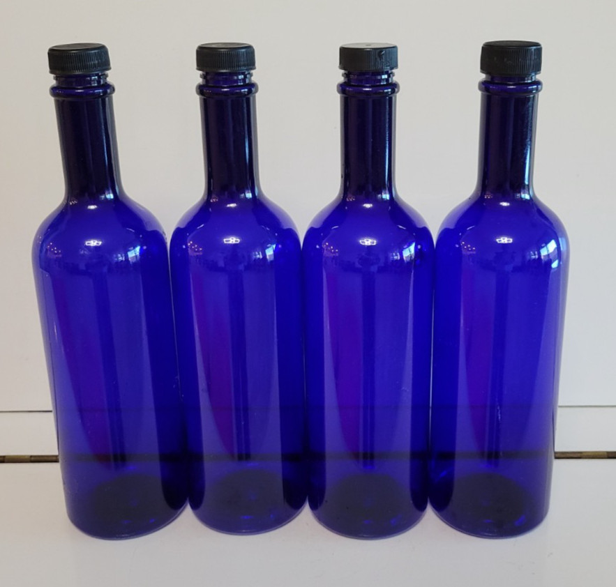 4 COBALT BLUE PLASTIC BOTTLES WITH BLACK PLASTIC LIDS 11 INCHES HOLDS 28 OZS