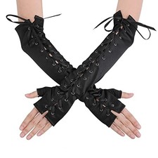 Women Lace Up Fingerless Gloves Long Elbow Lace Up Steampunk Black - Fingerless