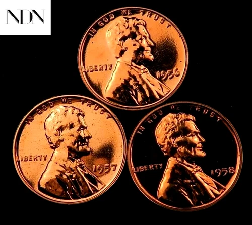 1956+1957+1958 Lincoln Wheat Penny Cent Lot - Gem Proof Red - 3 Coin Set