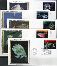 US Scott #3439-43  "Colorano "Silk" Cachet, "Deep Sea Creatures", FDCs