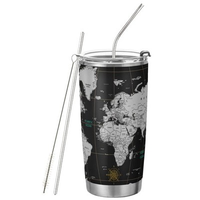 World Map Black Insulated Tumbler with Straw Lid and Straw, 20oz Travel Coffe...