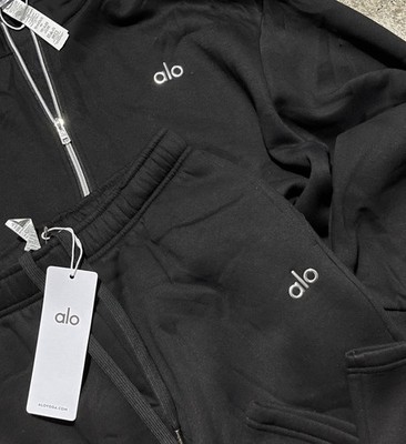 ALO Men's Black 2pc Tracksuit M Fleece 1/4 Zip Mock Neck Joggers Pockets