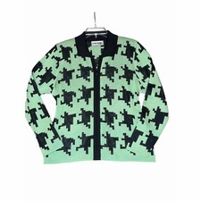 San Remo Cardigan Sweater Women M Green Houndstooth Zip Knit workwear USA Made