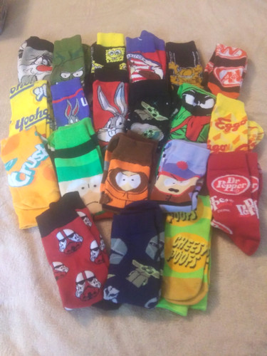 20 Pairs Adult Novelty Sock Lot~Cartoon Food Yoda South Park Bugs Eggo Yoohoo~A