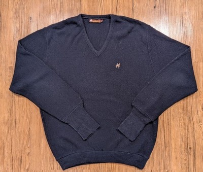 Vintage Saddlebred V Neck Sweater Wool Navy Blue Polo Horse Size Large L B82
