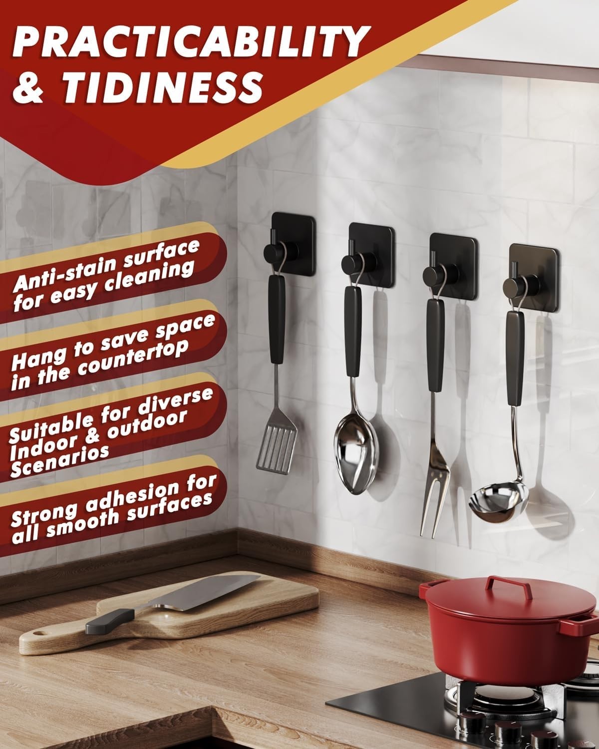 Heavy Duty 5 Pack Adhesive Hooks - 30lbs Max Capacity, Rustproof Stainless Steel