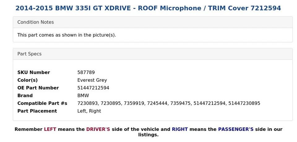 BMW 335I GT XDRIVE 2014-2015 - Cubierta de micrófono de techo 7212594 Foto 3 de 3