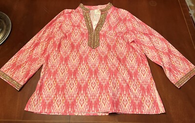 NWT NICOBLU Plus Orchidea Fushia Pink Ikat Gold Beaded Long Sleeve Tunic ~ Sz 3X