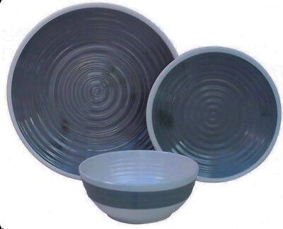 12pc Melamine Dinner Set Plates Bowls Grey Motorhome Crockery Camping  Tableware UK